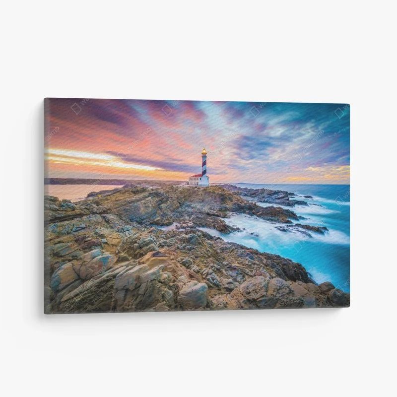 Leinwandbild sonnenuntergang bei leuchtturm Favaritx, Menorca