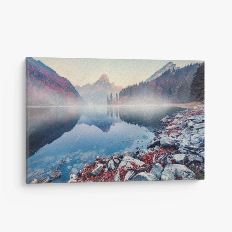 Leinwandbild nebliger herbstmorgen am Obersee, Schweizer Alpen