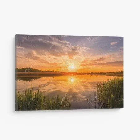 Leinwandbild goldener sonnenuntergang über idyllischem see – Wallnifity®