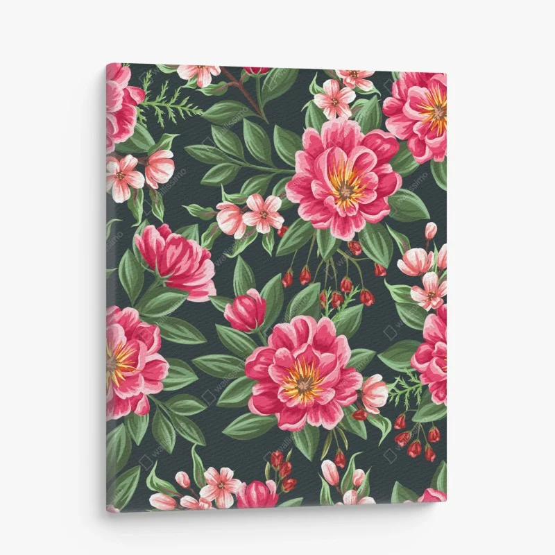 Leinwandbild rosa aquarell blumenmuster auf dunklem hintergrund