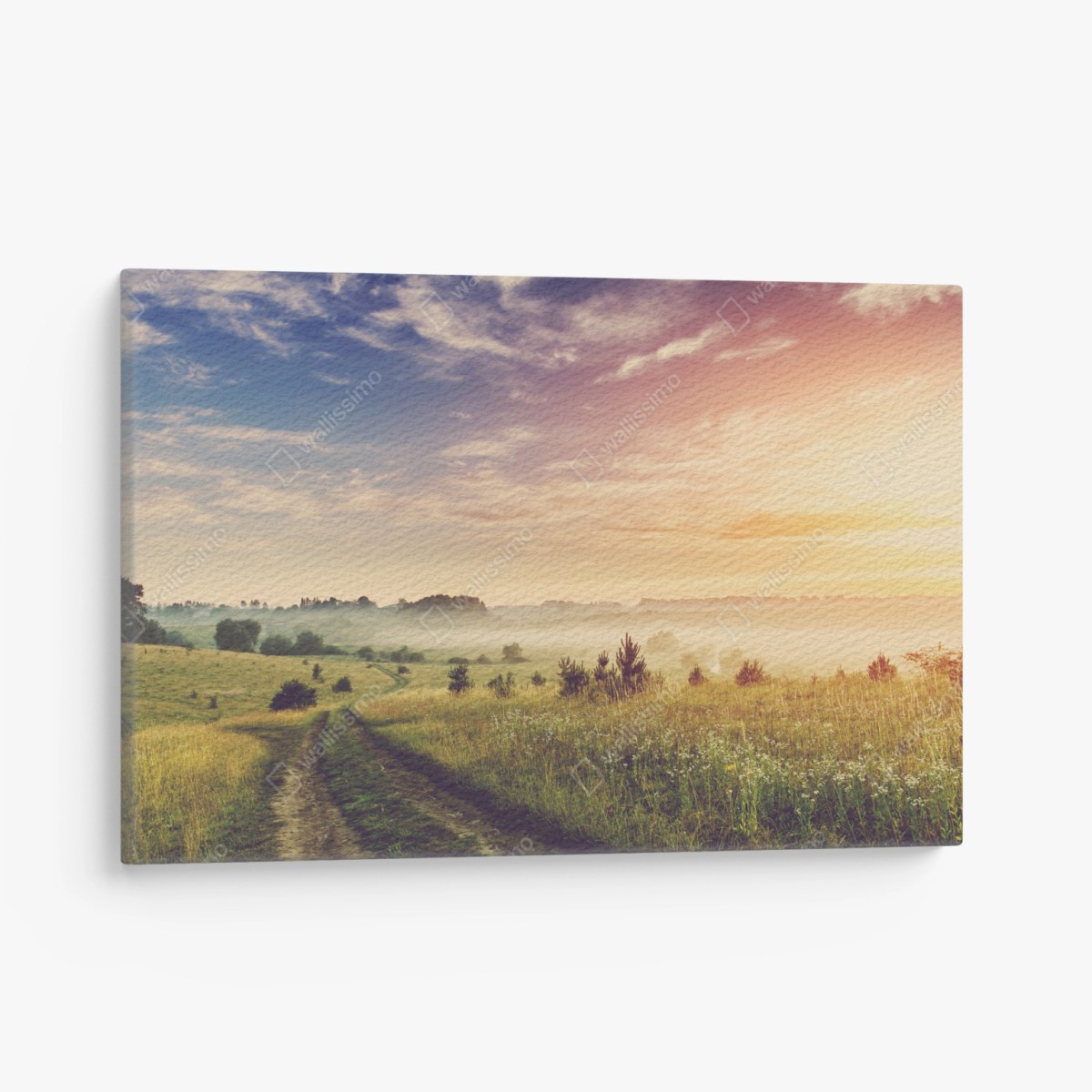 Leinwandbild nebeliger sonnenaufgang über einer ländlichen wiese – Wallnifity®