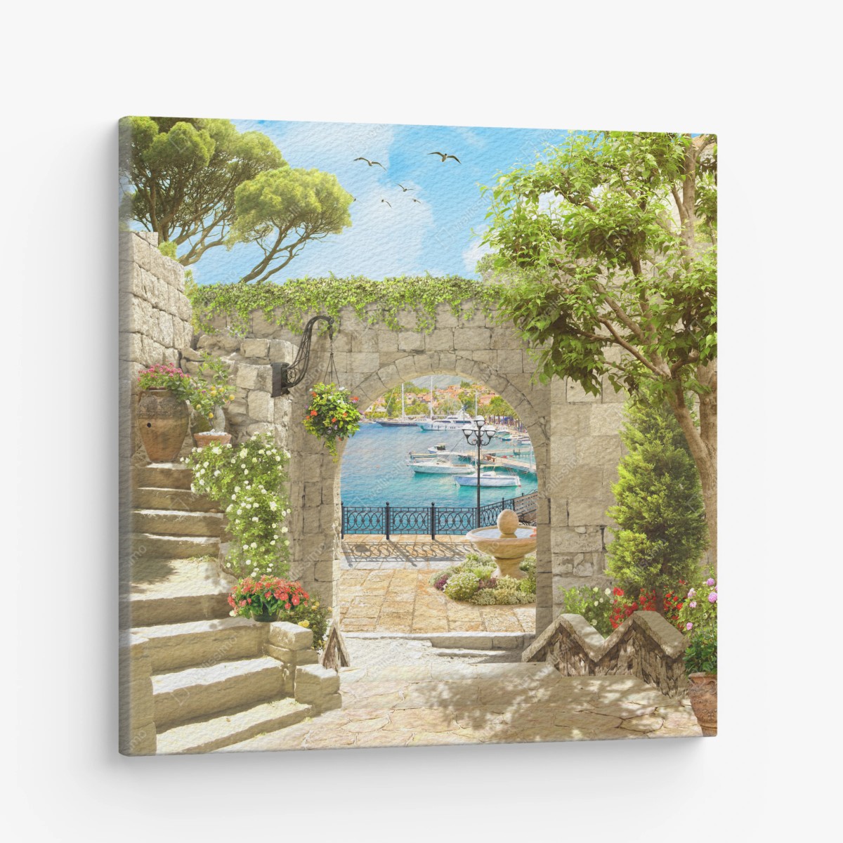 Leinwandbild mediterraner blick durch eine arkade – Wallnifity®