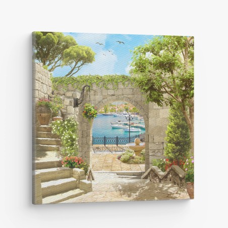 Leinwandbild mediterraner blick durch eine arkade – Wallnifity®