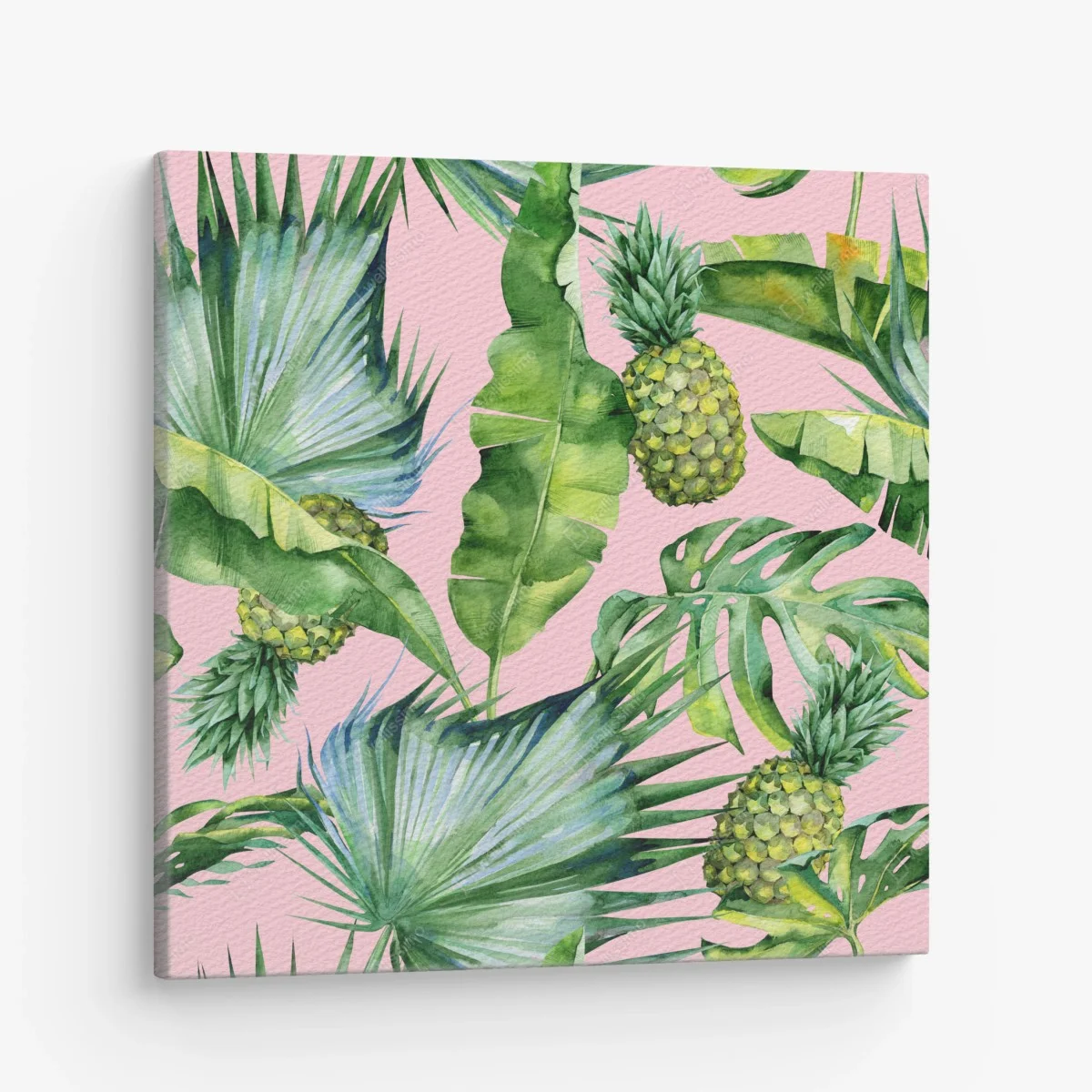 Leinwandbild tropisches ananas- und blattmuster in aquarell auf rosa hintergrund – Wallnifity® Leinwandbild tropisches ananas- und blattmuster in aquarell auf rosa hintergrund – Wallnifity®
