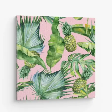 Leinwandbild tropisches ananas- und blattmuster in aquarell auf rosa hintergrund – Wallnifity®