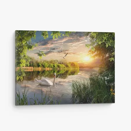 Leinwandbild sonnenuntergang mit schwan auf stillem see – Wallnifity®