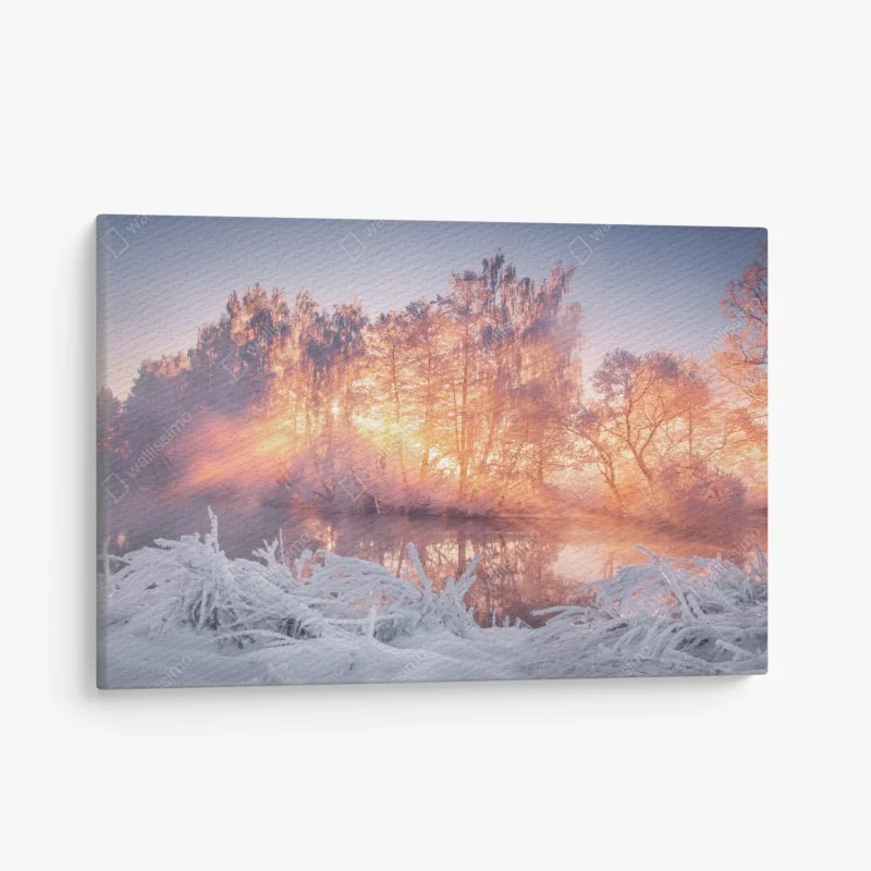 Leinwandbild winterlicher sonnenaufgang über zugefrorenem fluss