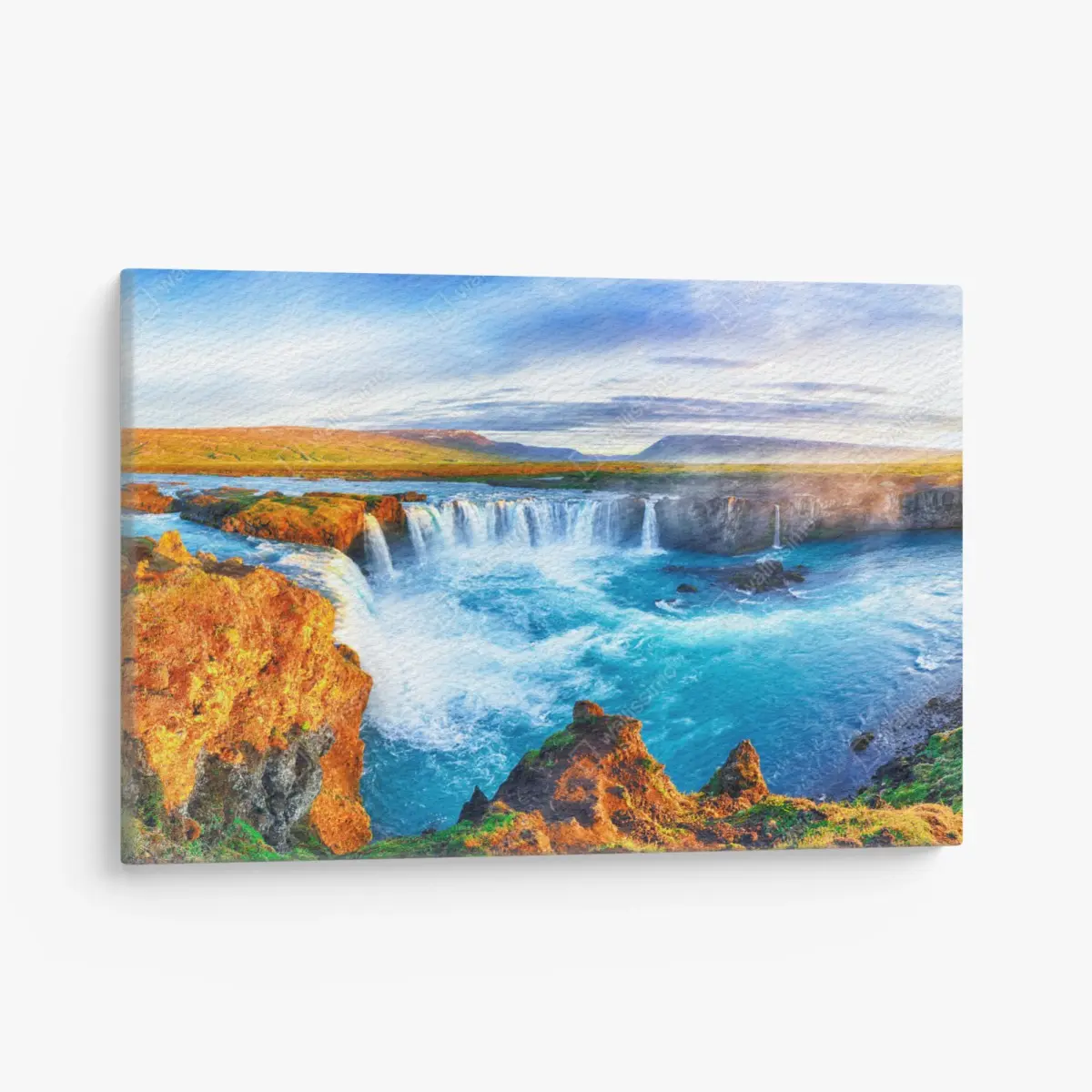 Leinwandbild panorama des wasserfalls Godafoss bei sonnenaufgang – Wallnifity®