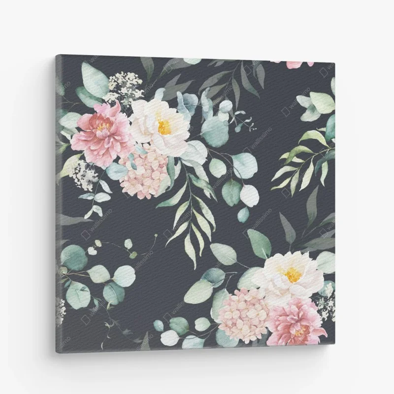 Leinwandbild elegantes aquarell-blumenmuster auf dunklem hintergrund