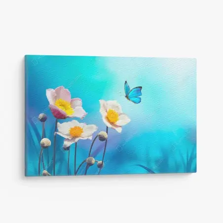 Leinwandbild zarte rosa anemonen und blauer schmetterling – Wallnifity®