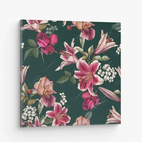 Leinwandbild vintage botanisches floralmuster auf tiefgrün – Wallnifity®