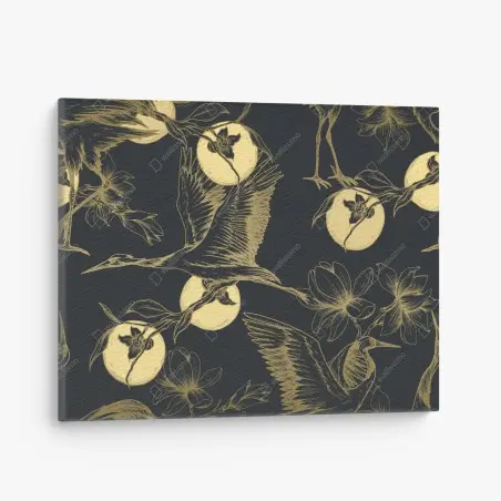Leinwandbild goldene kraniche und mondmuster – Wallnifity®