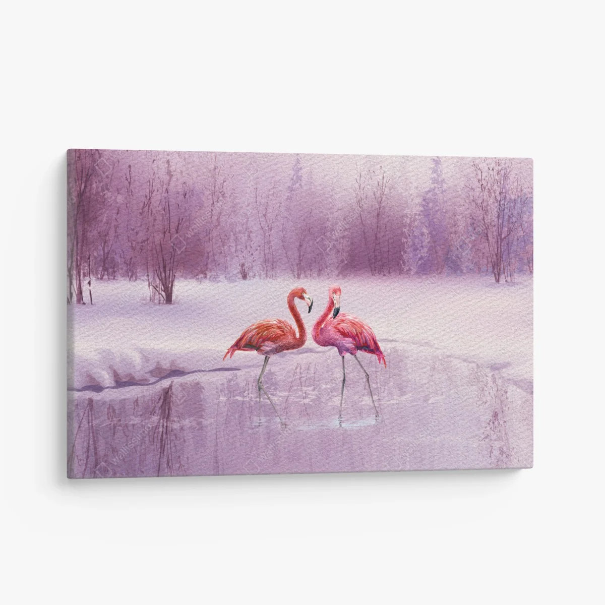 Leinwandbild pastell flamingos über winterlichem see – Wallnifity® Leinwandbild pastell flamingos über winterlichem see – Wallnifity®