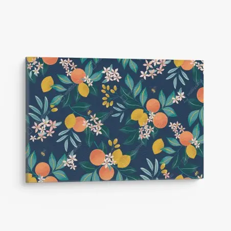 Leinwandbild botanisches zitronen- und orangenmuster auf marineblauem hintergrund – Wallnifity®