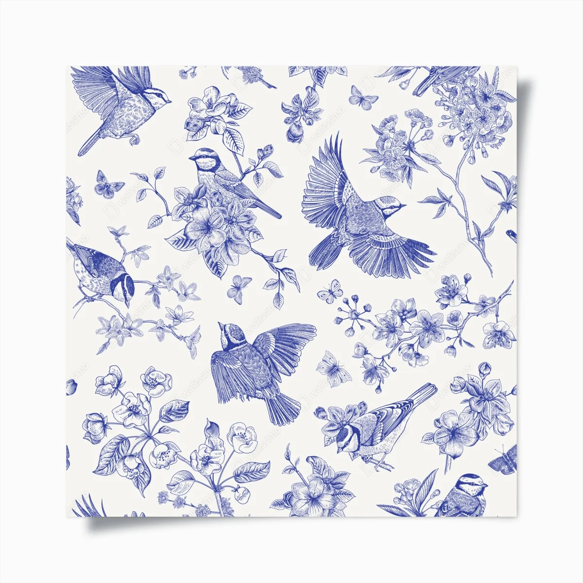 Poster blaues muster mit vögeln und blüten im vintage-stil – Wallnifity® Poster blaues muster mit vögeln und blüten im vintage-stil – Wallnifity®