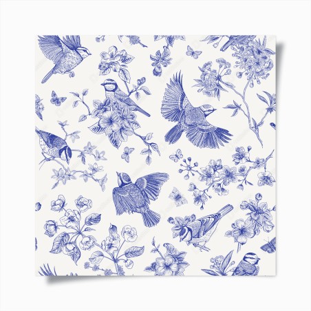 Poster blaues muster mit vögeln und blüten im vintage-stil – Wallnifity®