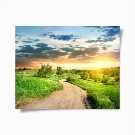 Poster sonnenuntergang über einem feldweg durch grüne wiese – Wallnifity®