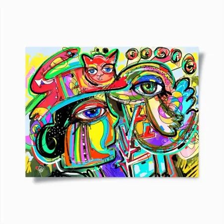 Poster lebendige abstrakte gesichter mit katze und vogel – Wallnifity®