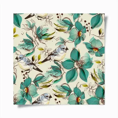 Poster retro türkis blumen- und vogelmuster – Wallnifity®