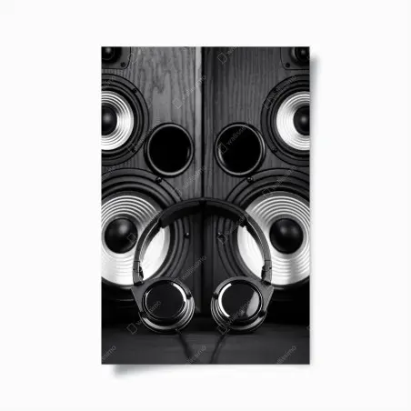Poster monochromes audio-ensemble mit kopfhörern und lautsprechern – Wallnifity®