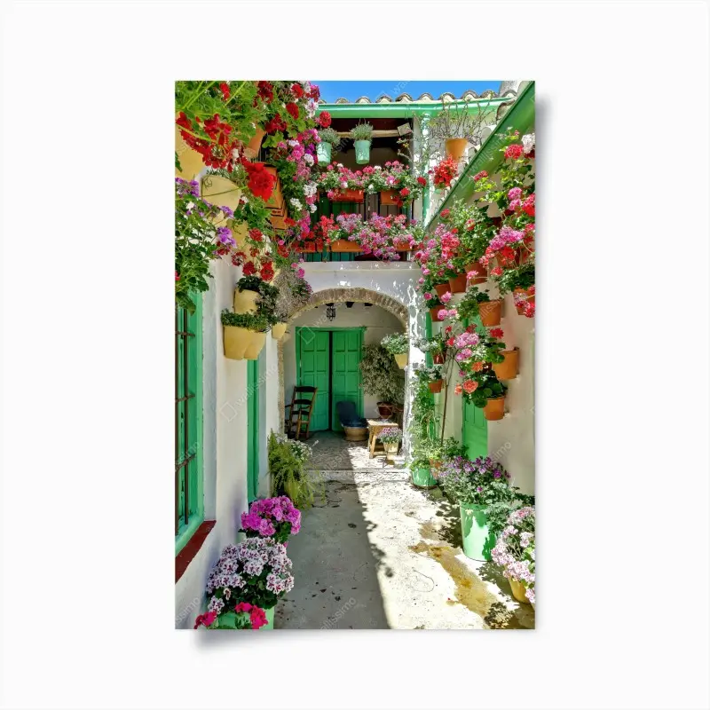 Poster sonniger innenhof mit blumen und grünen türen
