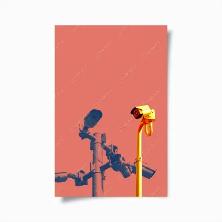 Poster duotone überwachungskameras auf korallenfarbenem hintergrund – Wallnifity®
