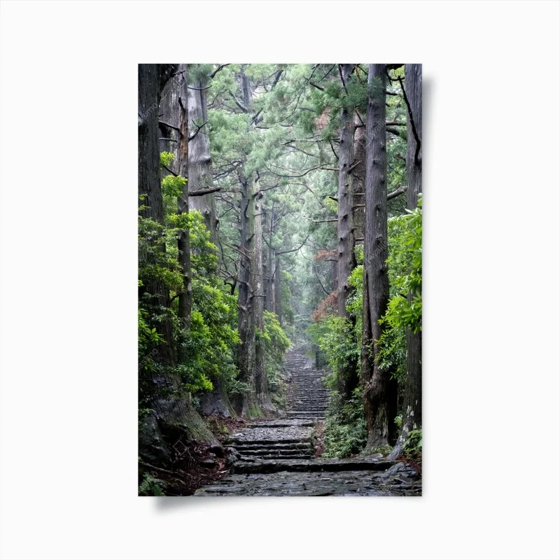 Poster mystischer waldweg zwischen alten bäumen