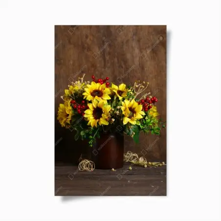 Poster herbstlicher sonnenblumenstrauß vor holzhintergrund – Wallnifity®