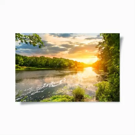 Poster ruhiger sonnenuntergang am fluss im grünen wald – Wallnifity®