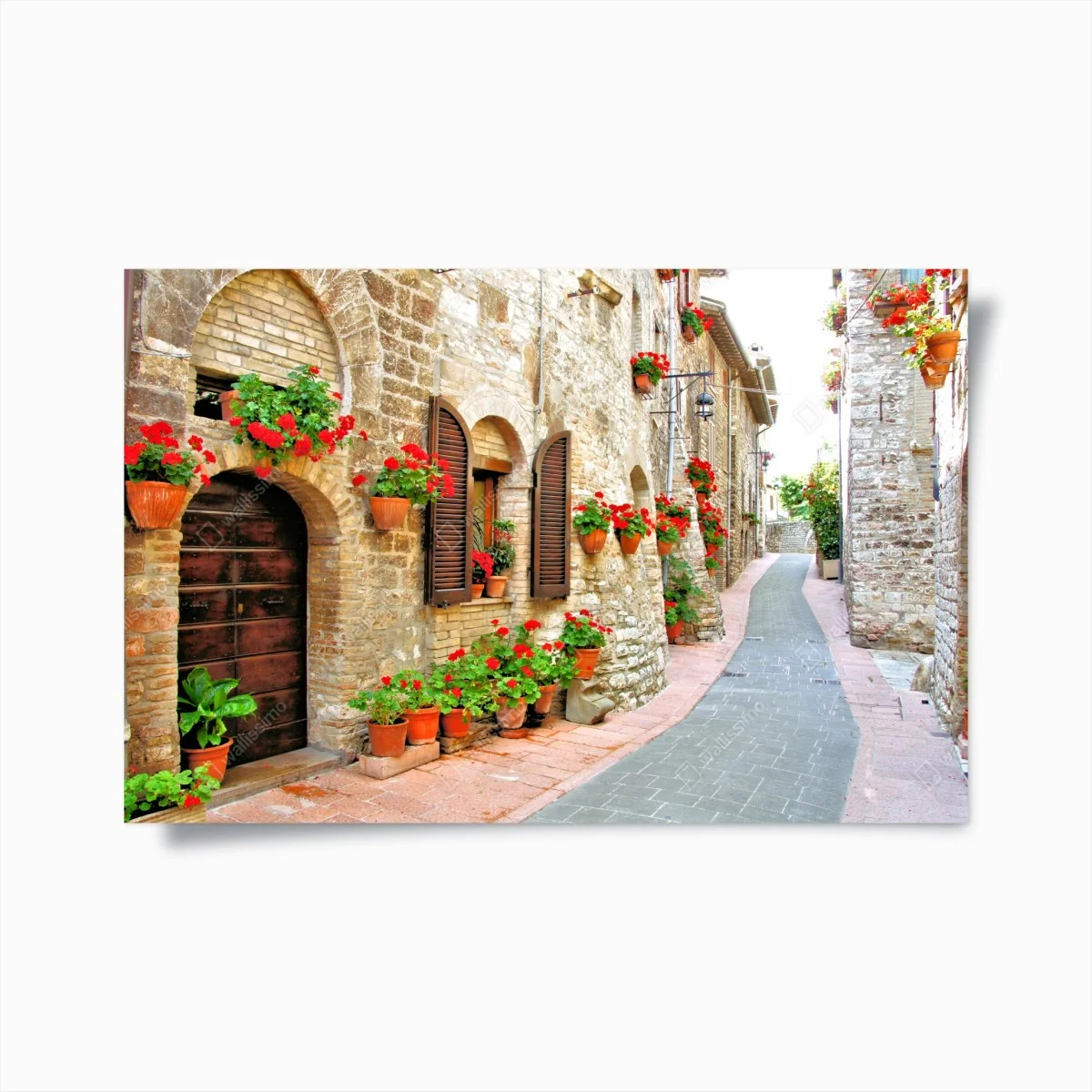 Poster sonnige steingasse mit roten geranien – Wallnifity® Poster sonnige steingasse mit roten geranien – Wallnifity®