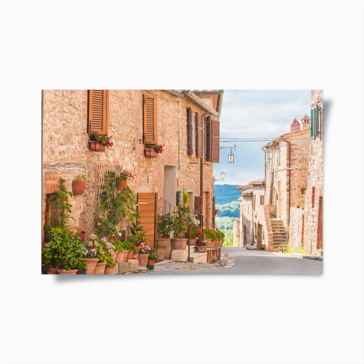 Poster mittelalterliche straße in der Toskana mit blumentöpfen – Wallnifity® Poster mittelalterliche straße in der Toskana mit blumentöpfen – Wallnifity®