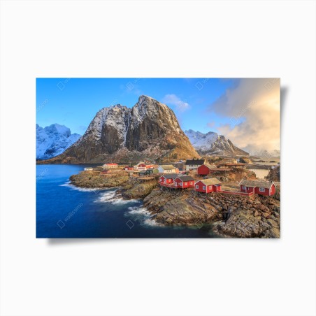 Poster küstendorf in Norwegen mit roten fischerhütten – Wallnifity®