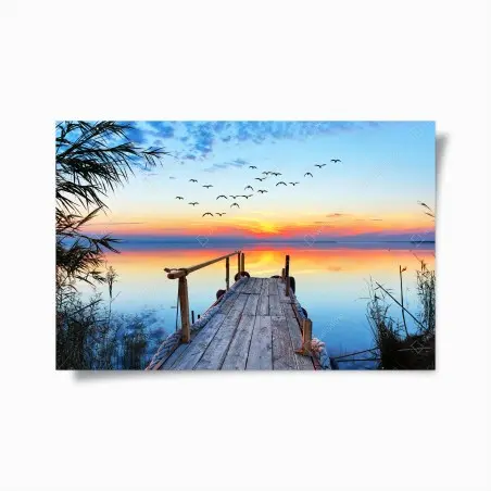 Poster steg bei sonnenuntergang über ruhigem see – Wallnifity®