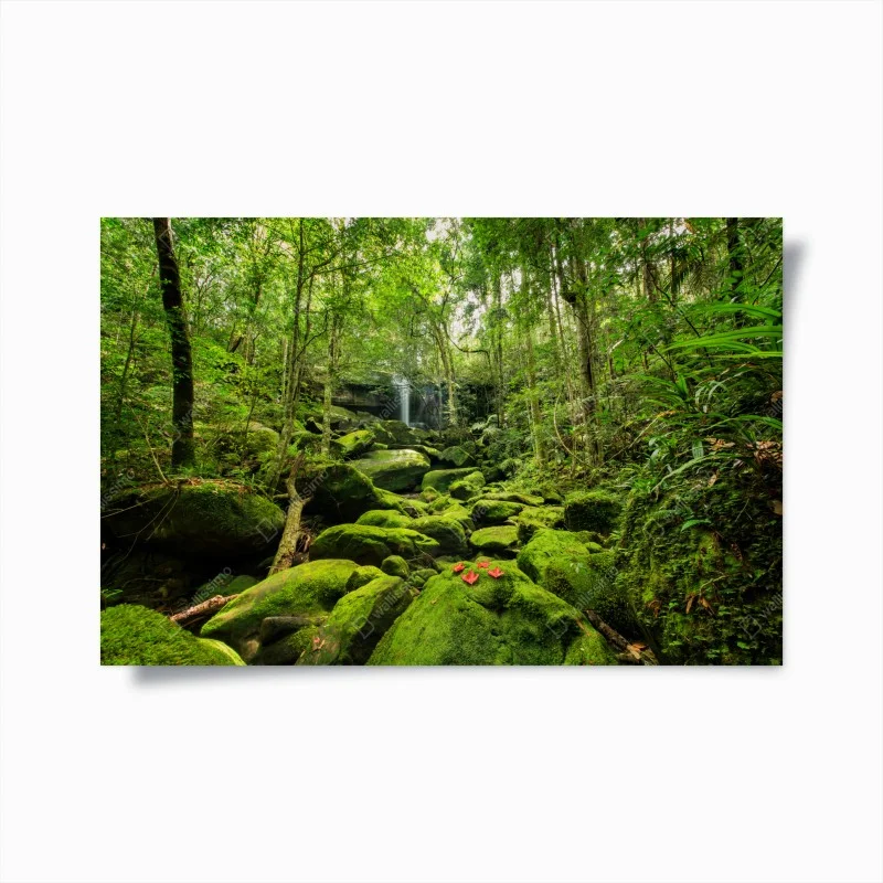 Poster üppiger moosbewachsener wasserfall im tropischen wald