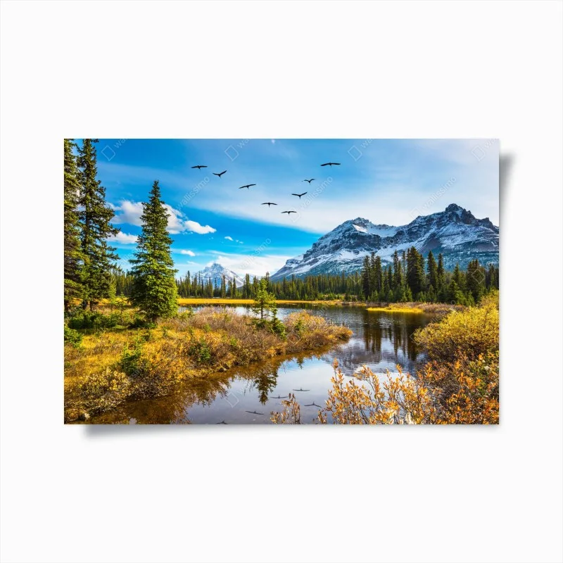 Poster herbstlicher bergsee mit vögeln