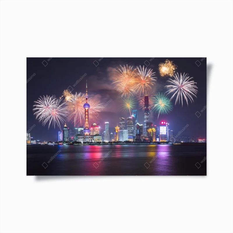 Poster Shanghai skyline mit feuerwerk über dem Huangpu