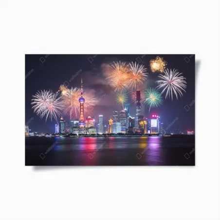 Poster Shanghai skyline mit feuerwerk über dem Huangpu – Wallnifity®