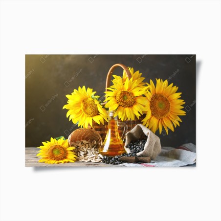 Poster leuchtendes stillleben mit sonnenblumen, kernen und öl – Wallnifity®