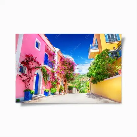 Poster bunte gasse auf Kefalonia – Wallnifity®