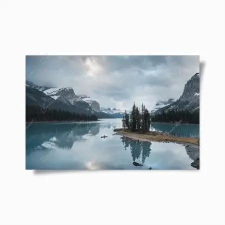 Poster ruhiger alpensee mit insel und kajak – Wallnifity®