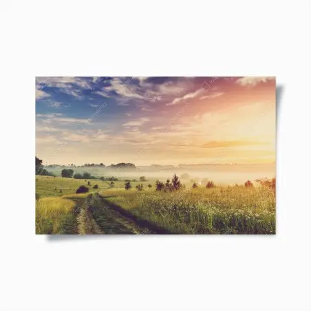 Poster nebeliger sonnenaufgang über einer ländlichen wiese – Wallnifity®