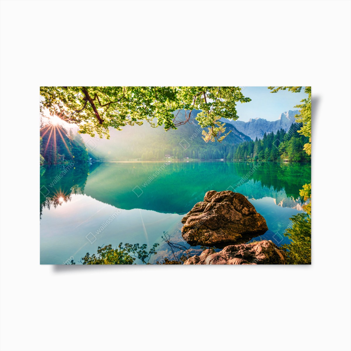 Poster morgendliche szene am Fusine-see mit Mangart – Wallnifity®