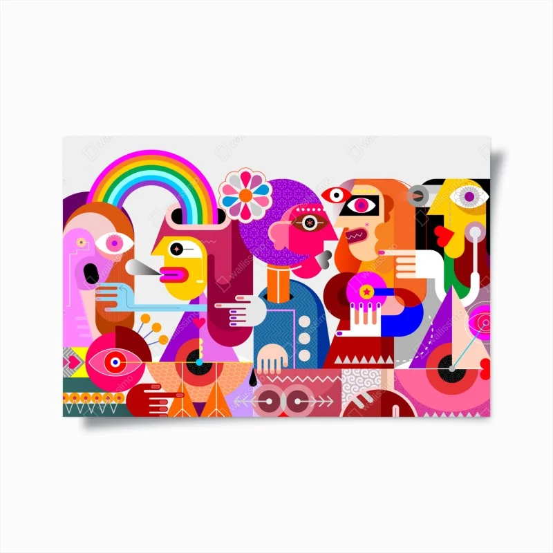 Poster mann mit regenbogen reitet geometrischen vogel