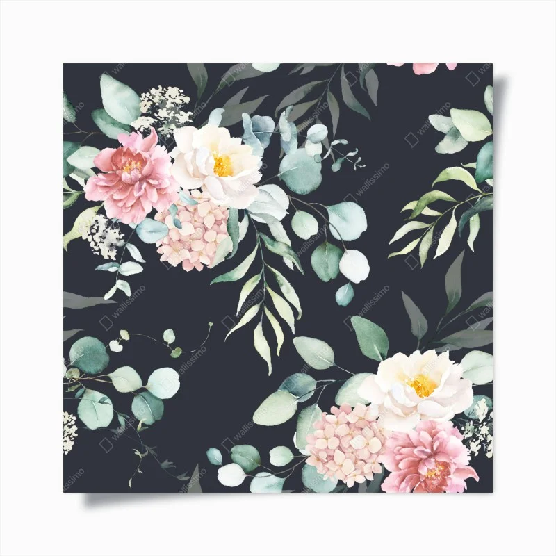 Poster elegantes aquarell-blumenmuster auf dunklem hintergrund