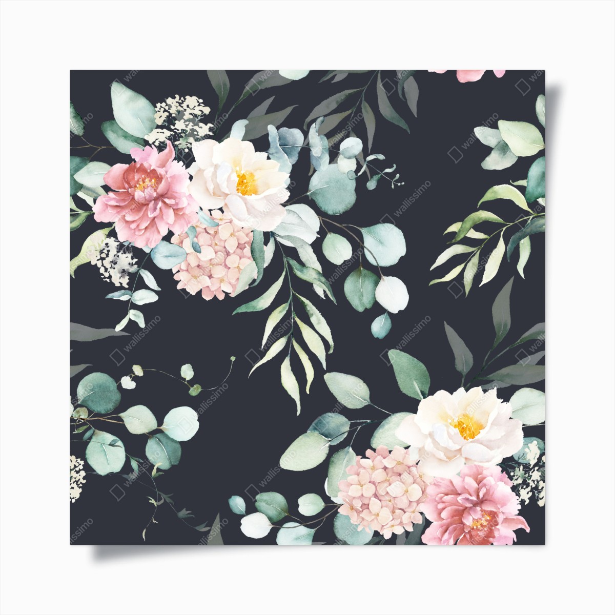 Poster elegantes aquarell-blumenmuster auf dunklem hintergrund – Wallnifity®