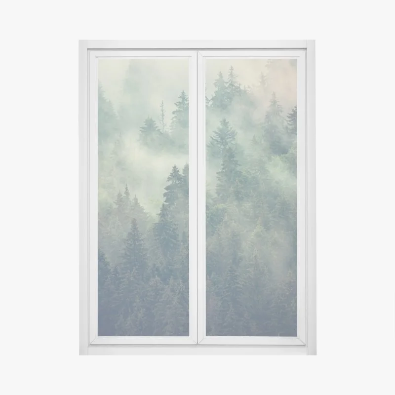 Fensteraufkleber nebliger immergrüner wald – Wallnifity®