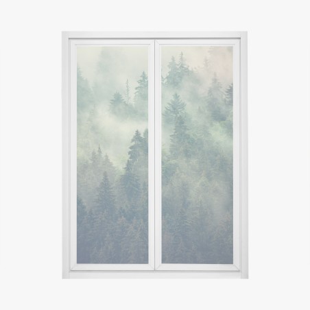Fensteraufkleber nebliger immergrüner wald – Wallnifity®