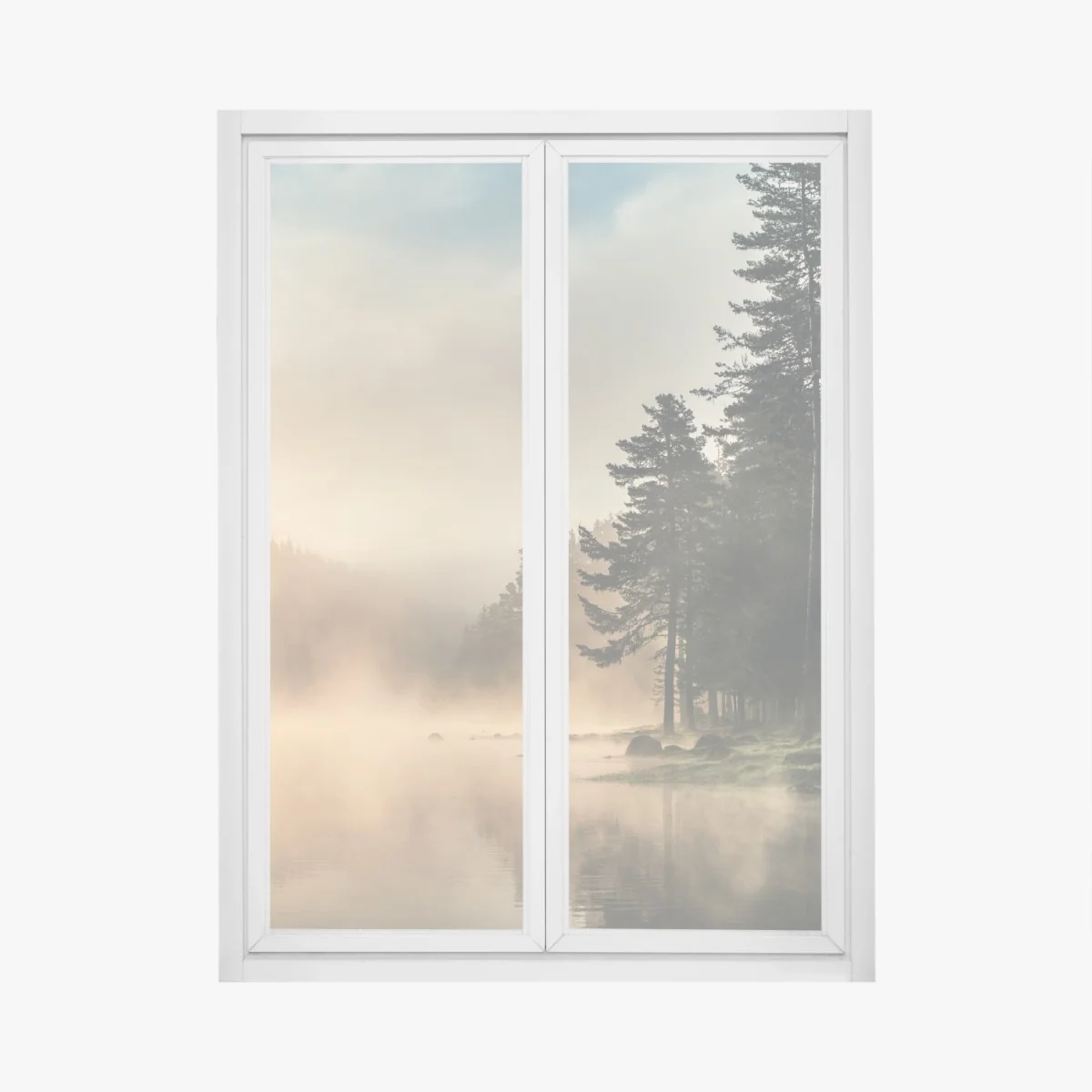 Fensteraufkleber nebliger sonnenaufgang über waldsee – Wallnifity® Fensteraufkleber nebliger sonnenaufgang über waldsee – Wallnifity®