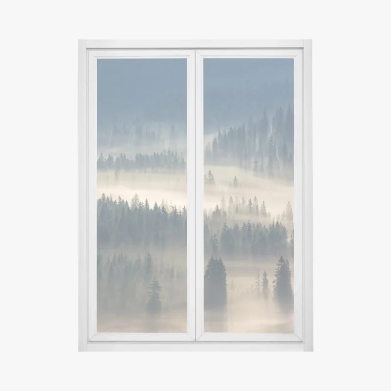 Fensteraufkleber nebliger nadelwald im morgengrauen – Wallnifity®