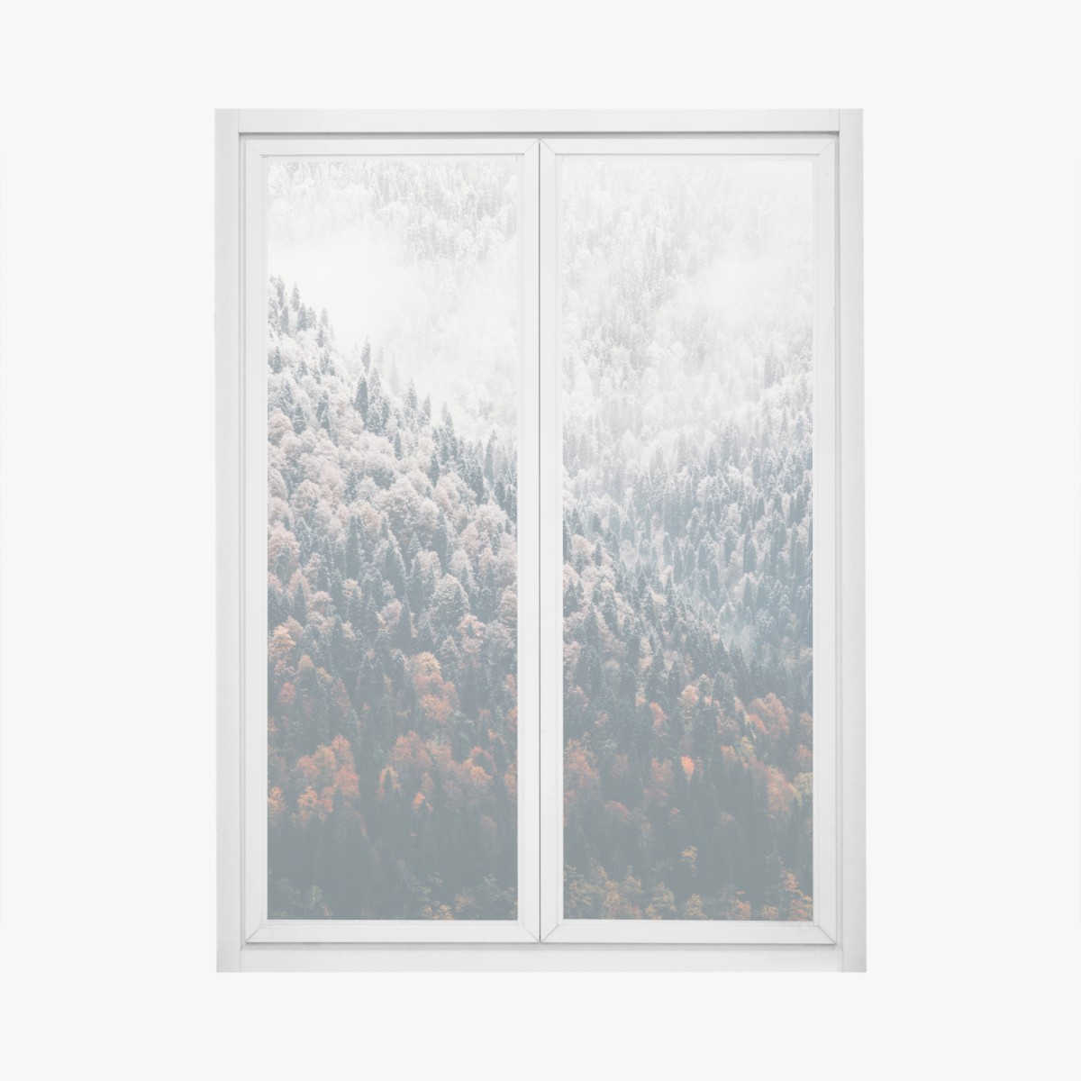 Fensteraufkleber nebliger herbstwald am schneebedeckten berg – Wallnifity®
